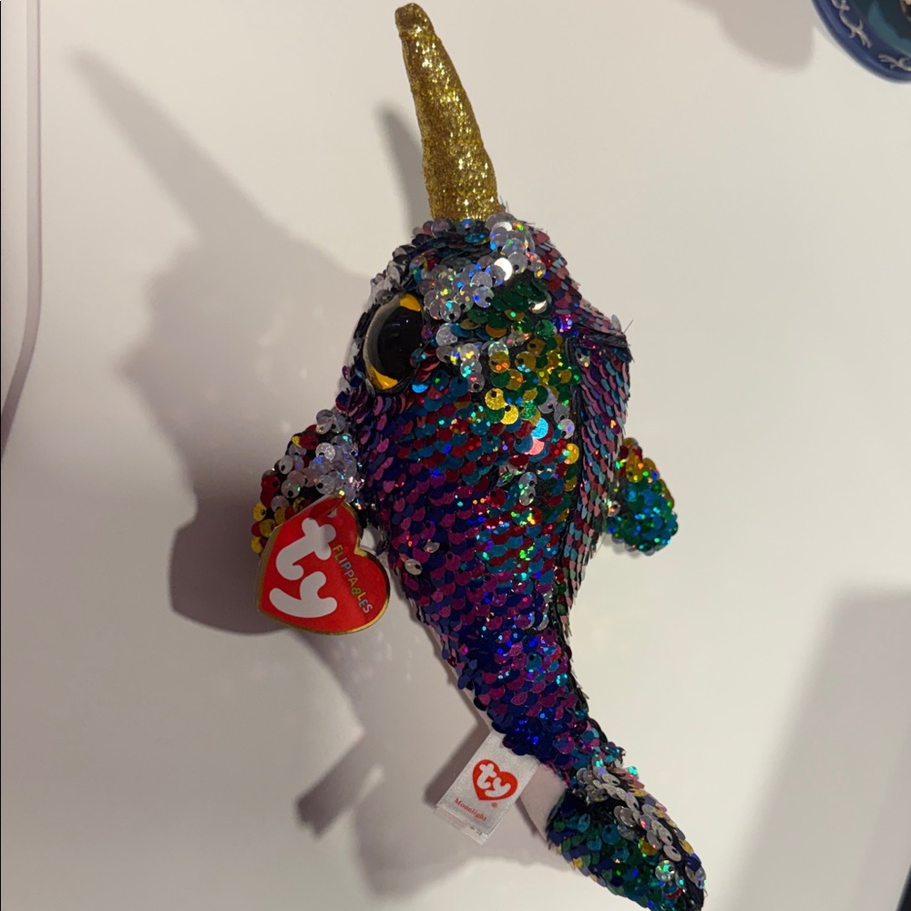 Ty Flippables Calyso Multicolor Sequin Narwhal Gold Horn Limited Addition Plush